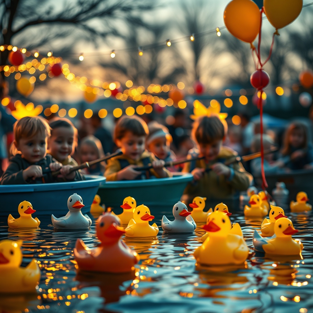 Une scène joyeuse de pêche aux canards dans une fête foraine, baignée de lumière dorée du soleil couchant. Des enfants rieurs, les yeux pétillants, tendent des cannes à pêche colorées vers des canards en plastique flottant dans une eau scintillante. Des guirlandes lumineuses et des ballons multicolores créent une atmosphère festive et nostalgique.