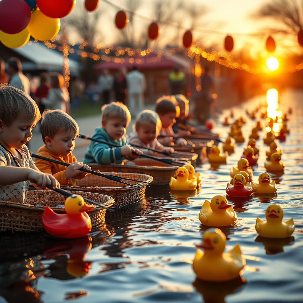Une scène joyeuse de pêche aux canards dans une fête foraine, baignée de lumière dorée du soleil couchant. Des enfants rieurs, les yeux pétillants, tendent des cannes à pêche colorées vers des canards en plastique flottant dans une eau scintillante. Des guirlandes lumineuses et des ballons multicolores créent une atmosphère festive et nostalgique.