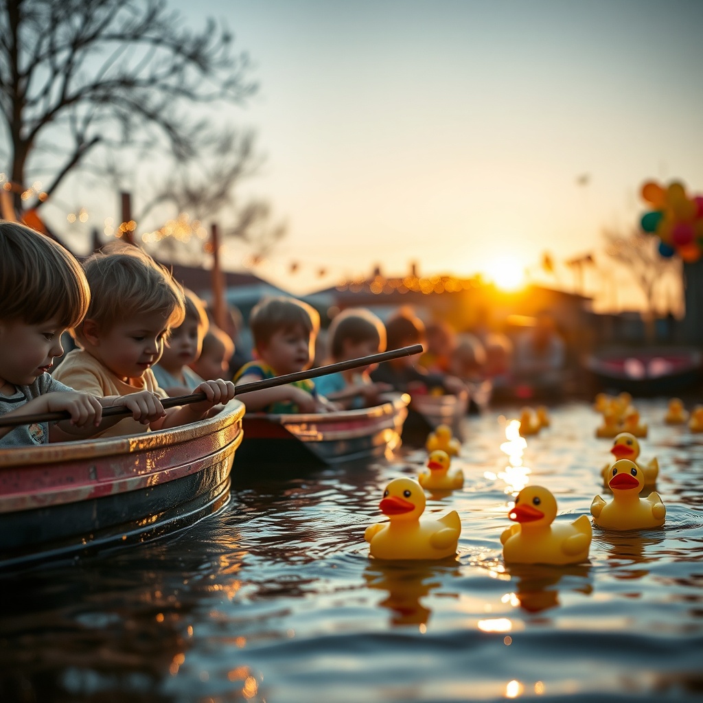 Une scène joyeuse de pêche aux canards dans une fête foraine, baignée de lumière dorée du soleil couchant. Des enfants rieurs, les yeux pétillants, tendent des cannes à pêche colorées vers des canards en plastique flottant dans une eau scintillante. Des guirlandes lumineuses et des ballons multicolores créent une atmosphère festive et nostalgique.