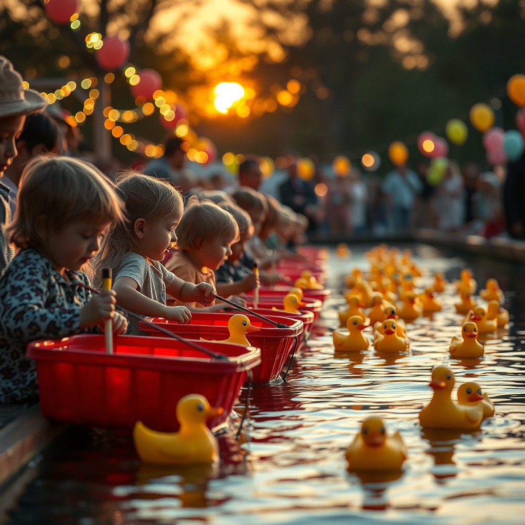 Une scène joyeuse de pêche aux canards dans une fête foraine, baignée de lumière dorée du soleil couchant. Des enfants rieurs, les yeux pétillants, tendent des cannes à pêche colorées vers des canards en plastique flottant dans une eau scintillante. Des guirlandes lumineuses et des ballons multicolores créent une atmosphère festive et nostalgique.