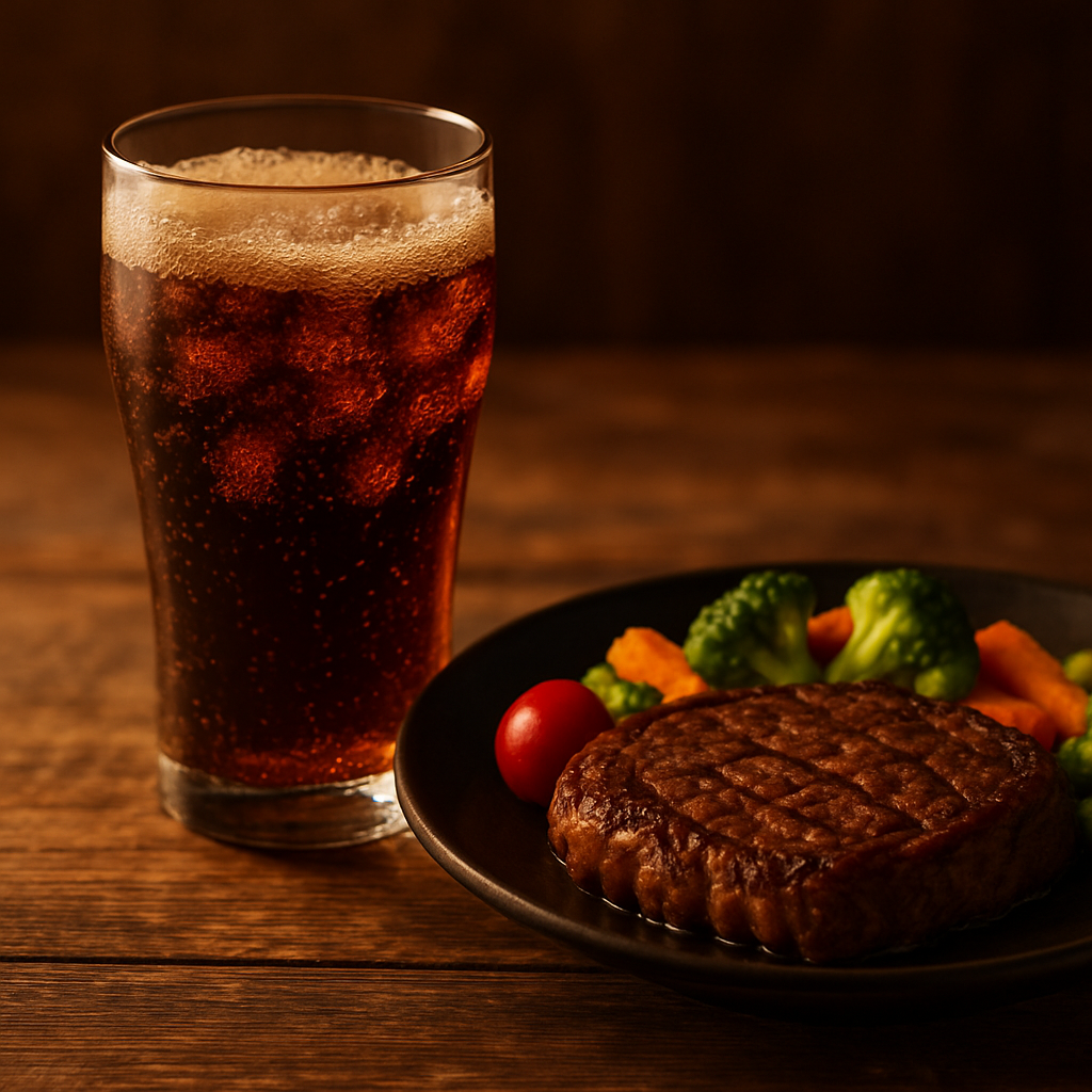 Un verre de Coca-Cola pétillant, illuminé par une lumière douce et chaleureuse, trône sur une table en bois rustique. À côté, une entrecôte parfaitement cuite, juteuse, entourée de légumes colorés, crée un contraste appétissant. L’ambiance est conviviale, avec des reflets dorés dans le verre et des ombres douces, évoquant une soirée intime.